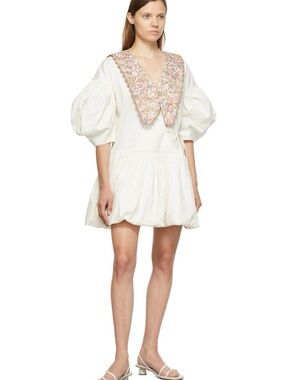 Kika Vargas White Mini Dress Floral Oversized Detachable Collar Puff Sleeve Sz M